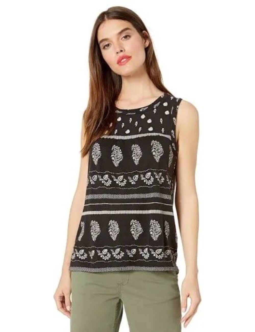 Lucky Brand Women's Linen Blend Embroidered Bohemian Sleeveless Blouse L